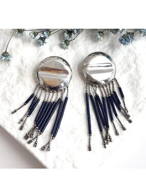 Lapis Lazuli Tiered Fringe Concho Vintage Sterling Silver 925 Southwest Earrings